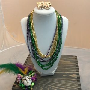 18” Mardi Gras Square Glass Beaded Necklace with Sterling Silver Clasp